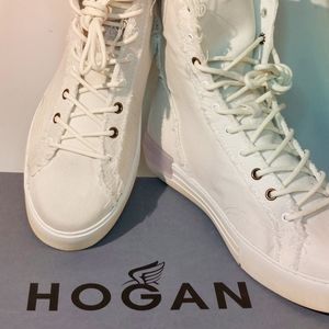 Hogan Rebel stonewashed white gabardine raw-edge hi-tops, EU40.5, new